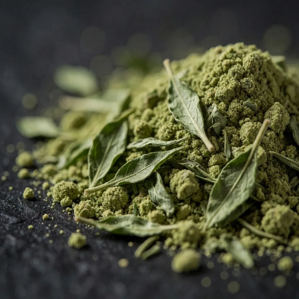 Crushed green botanical leaves in macro detail