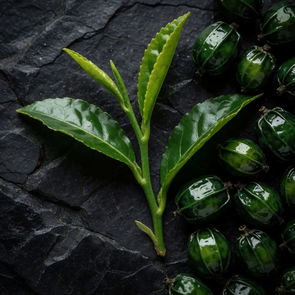 Green tea and guarana on dark surface