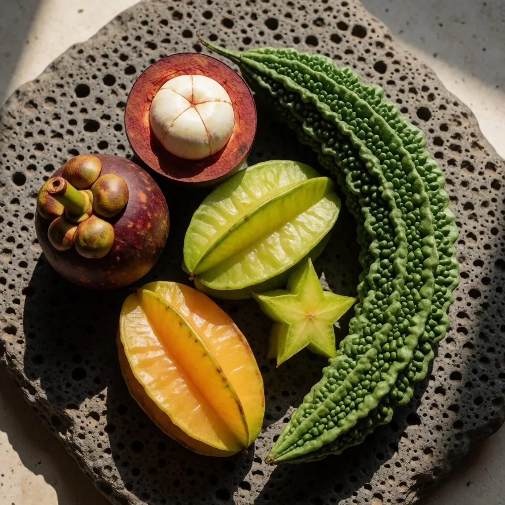 Seasonal produce on stone surface