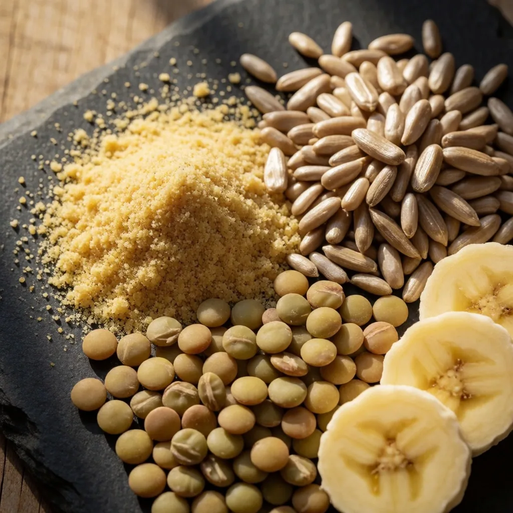 Foods rich in B-vitamins arranged on stone