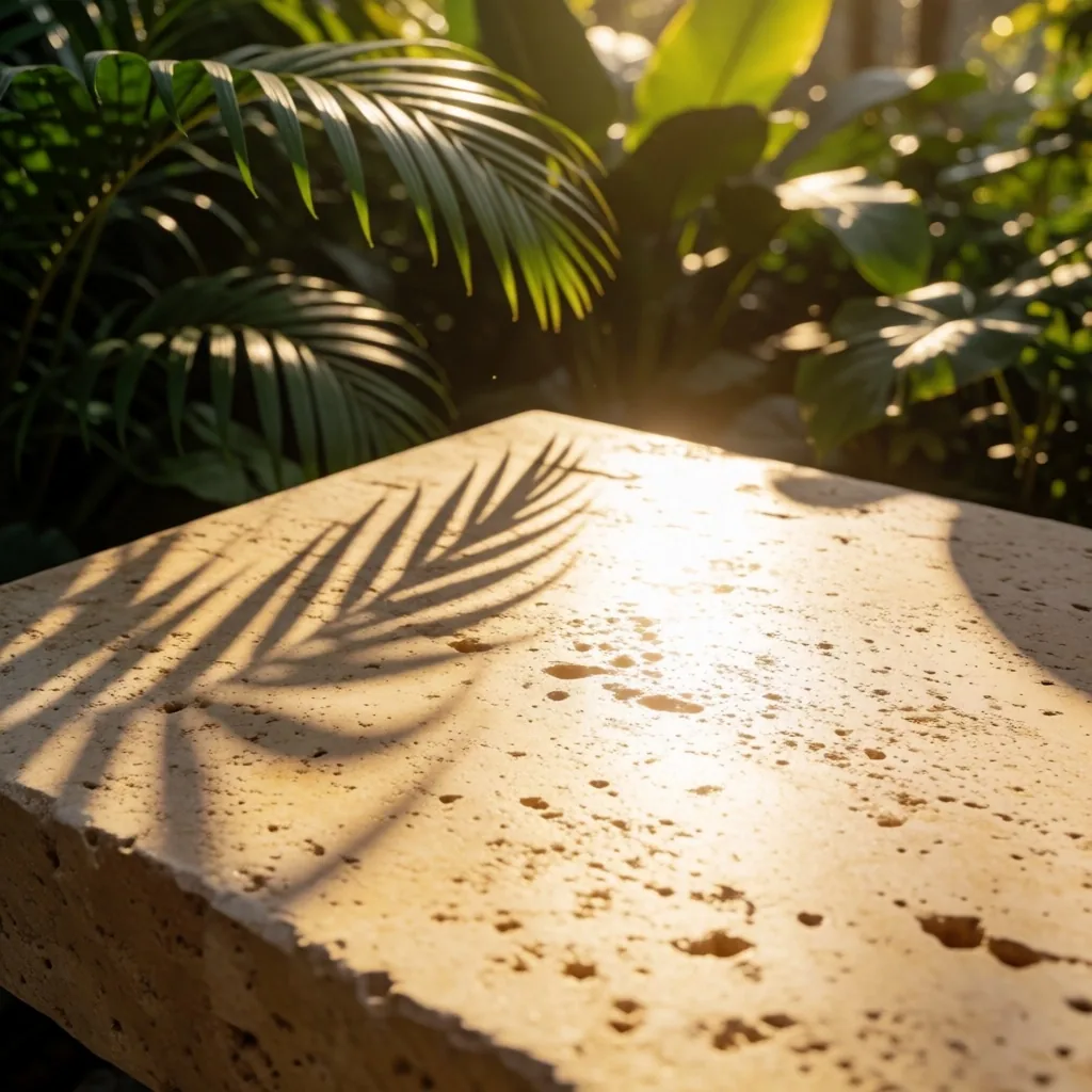 Sunlight hitting stone in a tropical garden