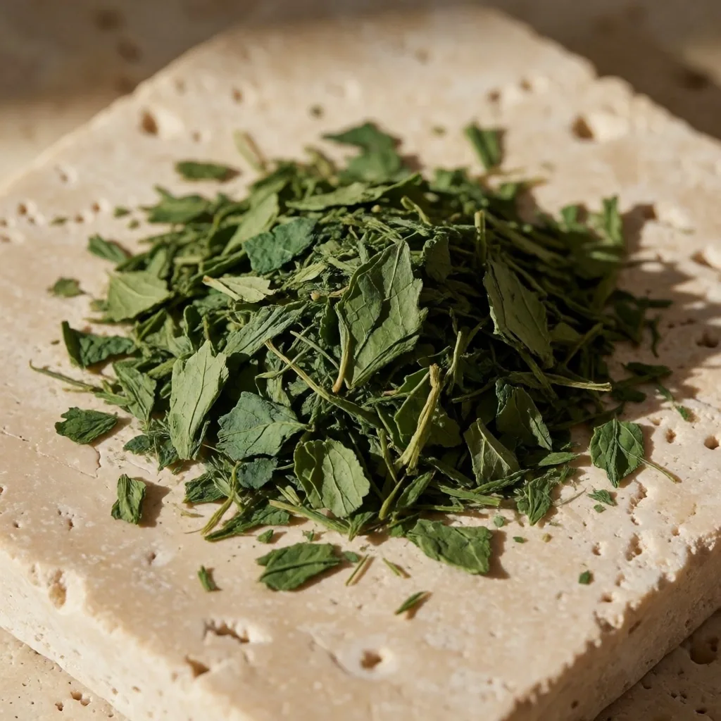 Crushed botanical leaves on stone